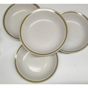 4- Stoneware 7.5" Bowls Neutral Spring Bouquet Vintage Retro Green Rim